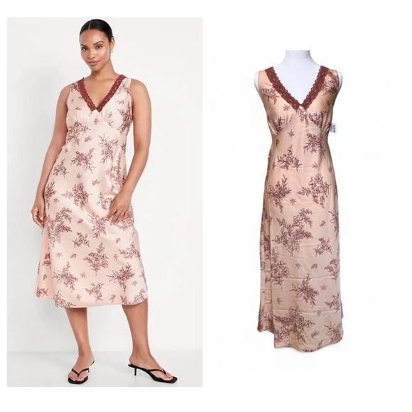 Other - Pink Floral Satin Lace Trim Midi Dress Romantic Coquette NWT Slip Blush